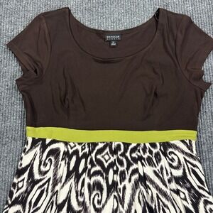 En Focus Studio Dress Womens 12 Brown Ikat Print Lime Green Accent‎ Cap Sleeve